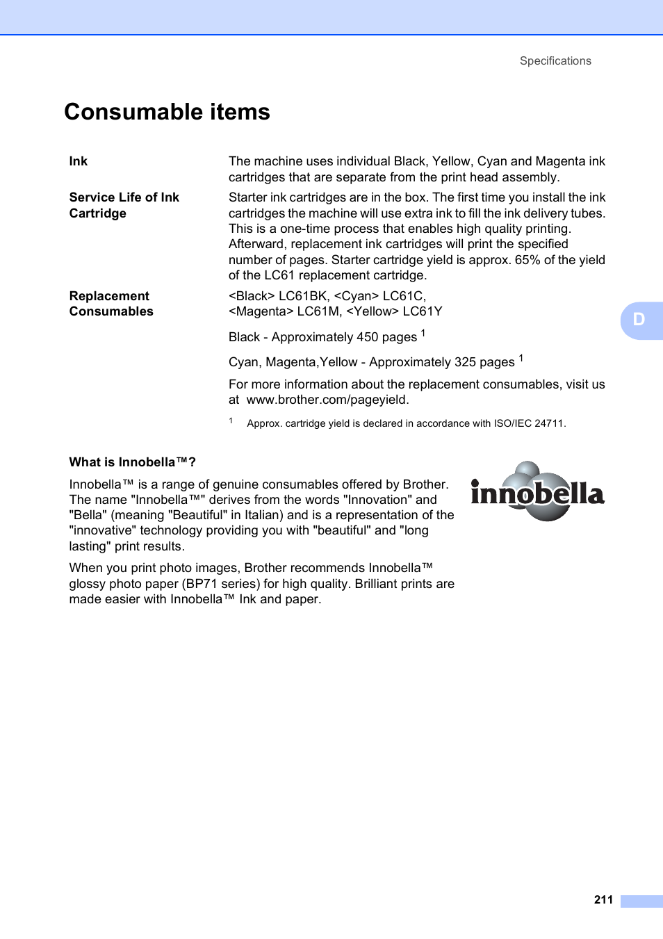 Consumable items | Brother MFC-790CW User Manual | Page 227 / 240
