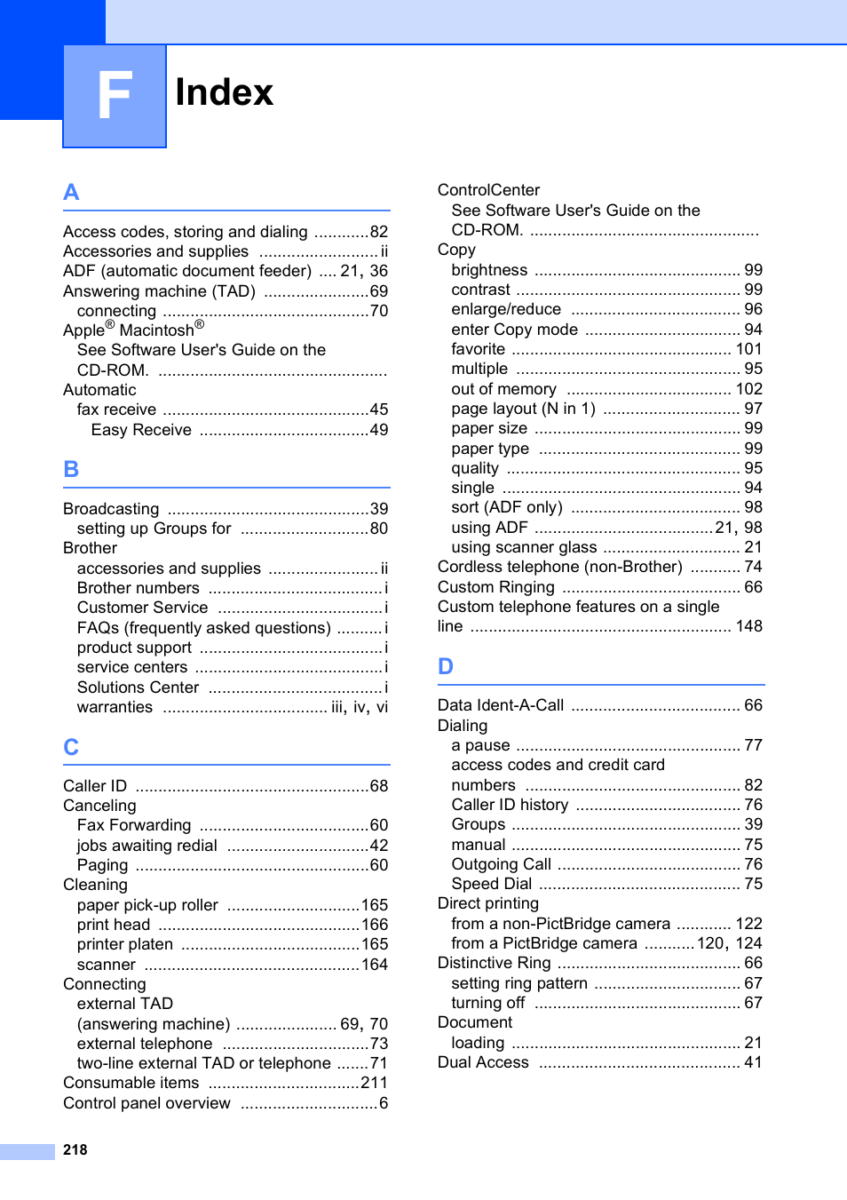 Index | Brother MFC-790CW User Manual | Page 234 / 240