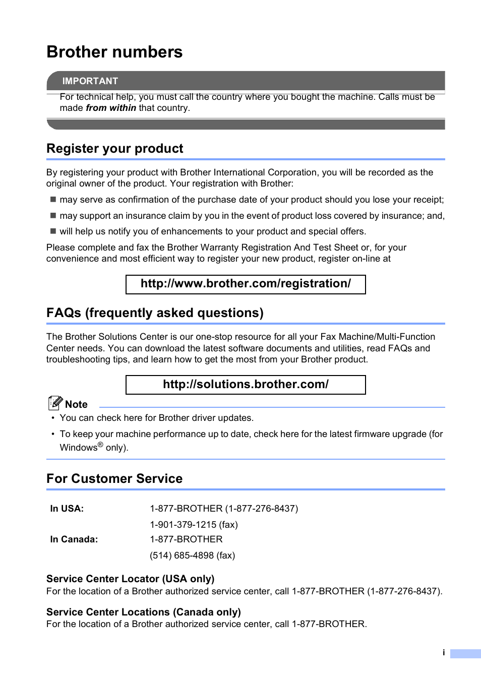 Brother numbers, Register your product, Faqs (frequently asked questions) | For customer service | Brother MFC-790CW User Manual | Page 3 / 240