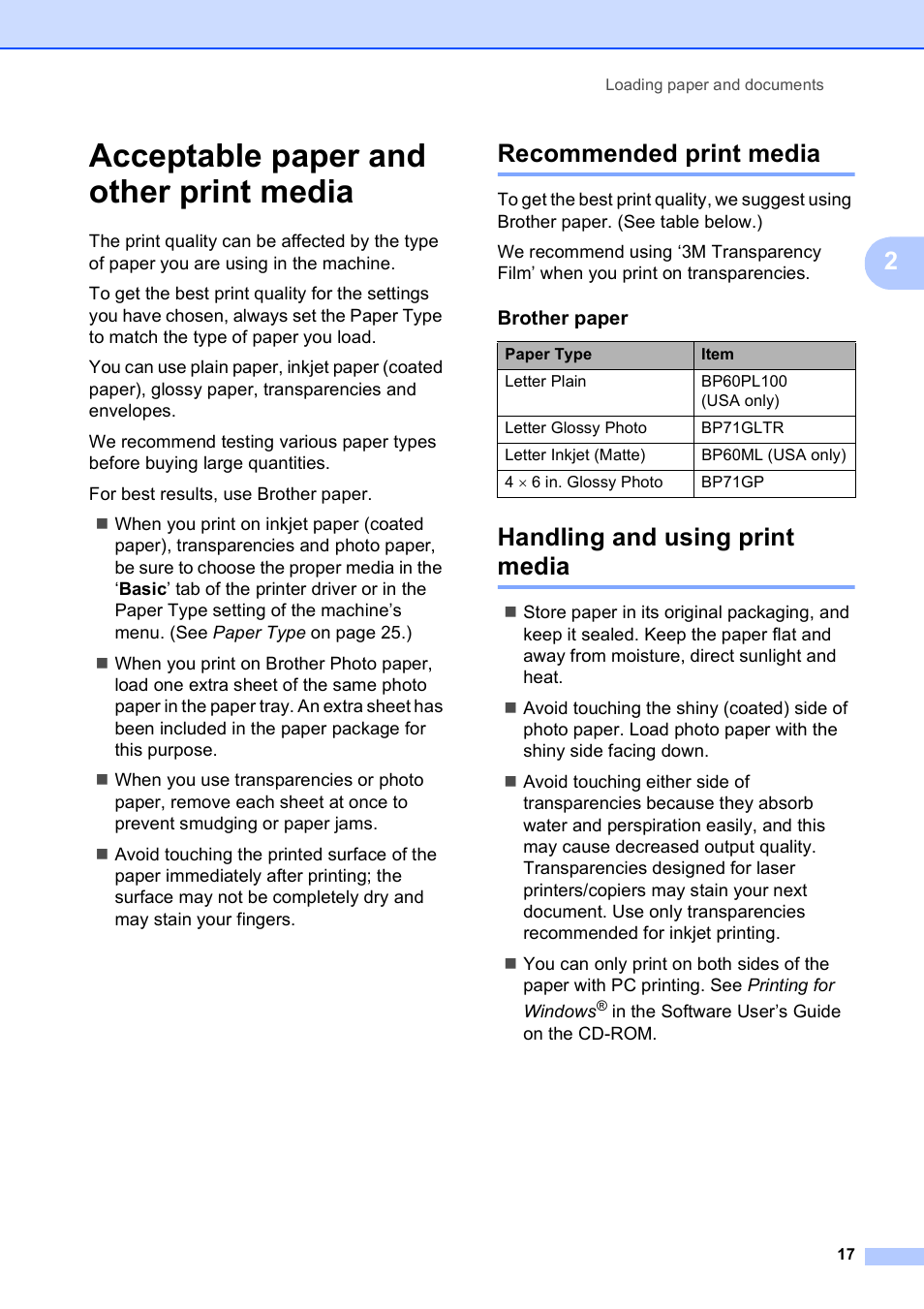 Acceptable paper and other print media, Recommended print media, Handling and using print media | Brother MFC-790CW User Manual | Page 33 / 240