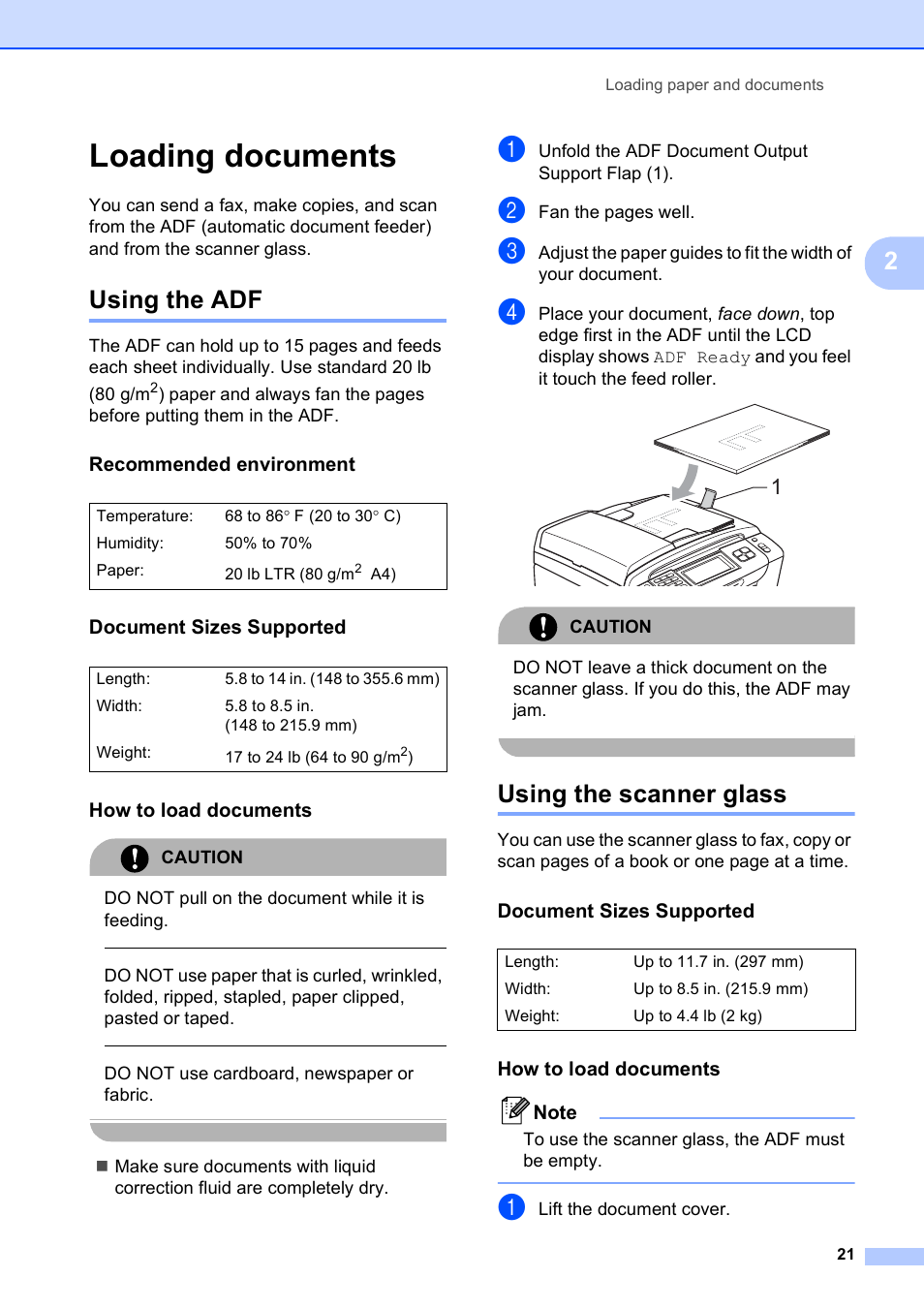 Loading documents, Using the adf, Recommended environment | Document sizes supported, How to load documents, Using the scanner glass, Using the adf using the scanner glass | Brother MFC-790CW User Manual | Page 37 / 240