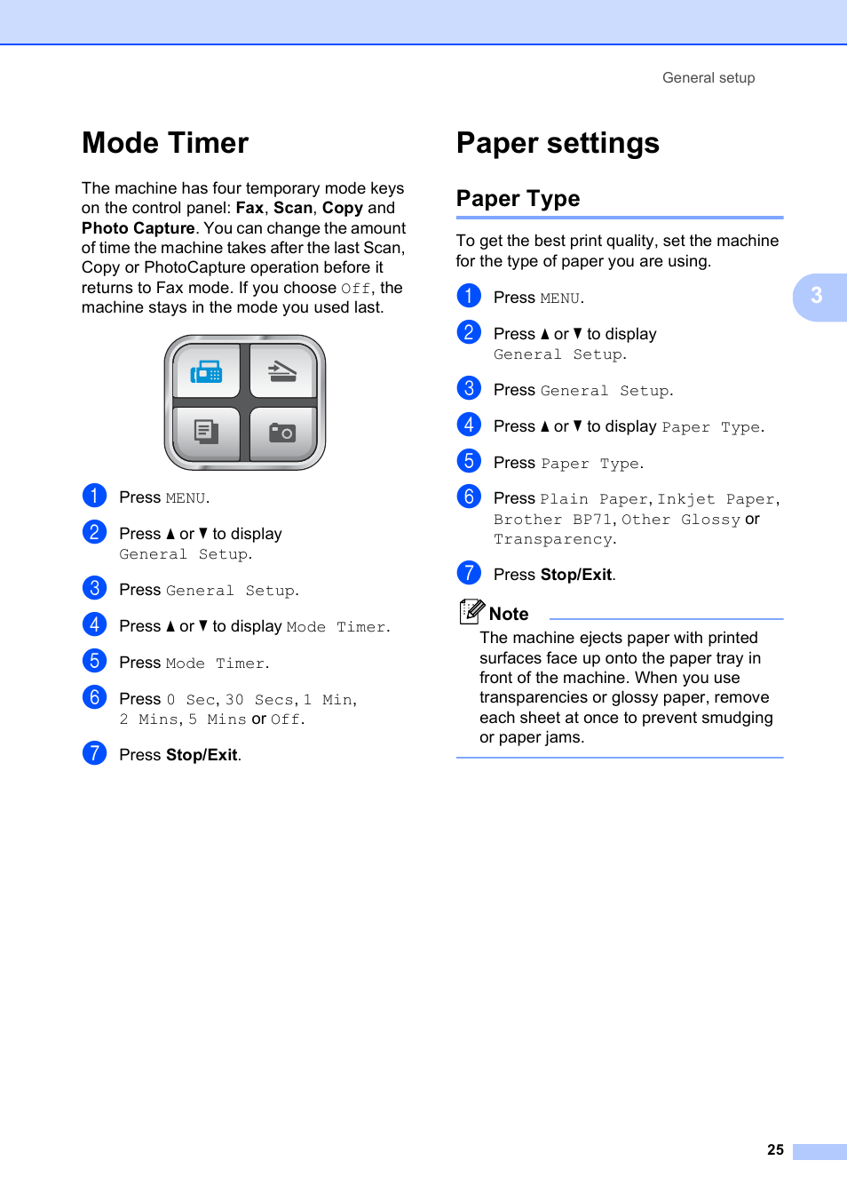 Mode timer, Paper settings, Paper type | Mode timer paper settings | Brother MFC-790CW User Manual | Page 41 / 240