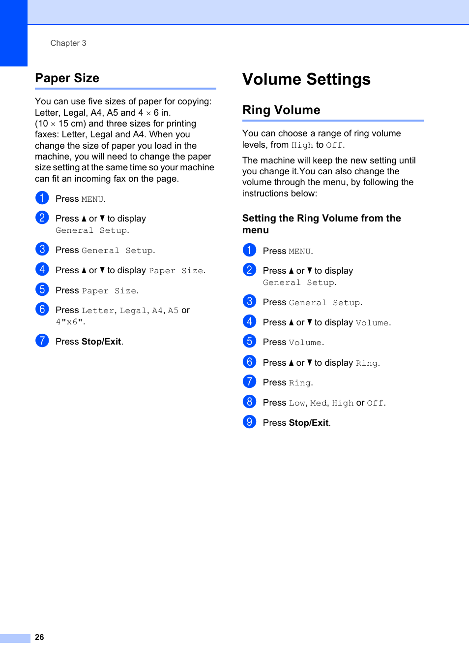 Paper size, Volume settings, Ring volume | Setting the ring volume from the menu | Brother MFC-790CW User Manual | Page 42 / 240