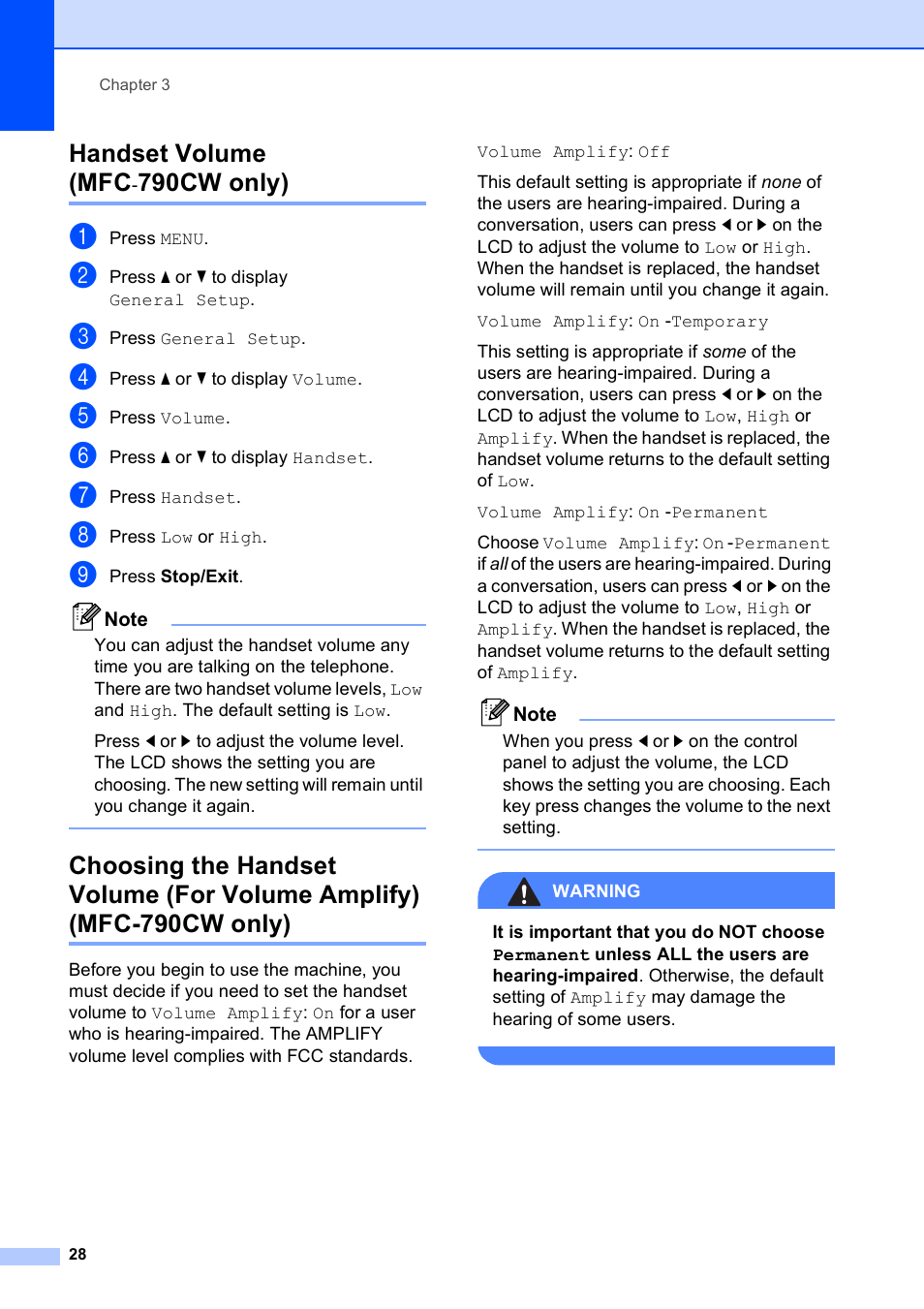 Handset volume (mfc-790cw only), Handset volume (mfc, 790cw only) | Brother MFC-790CW User Manual | Page 44 / 240