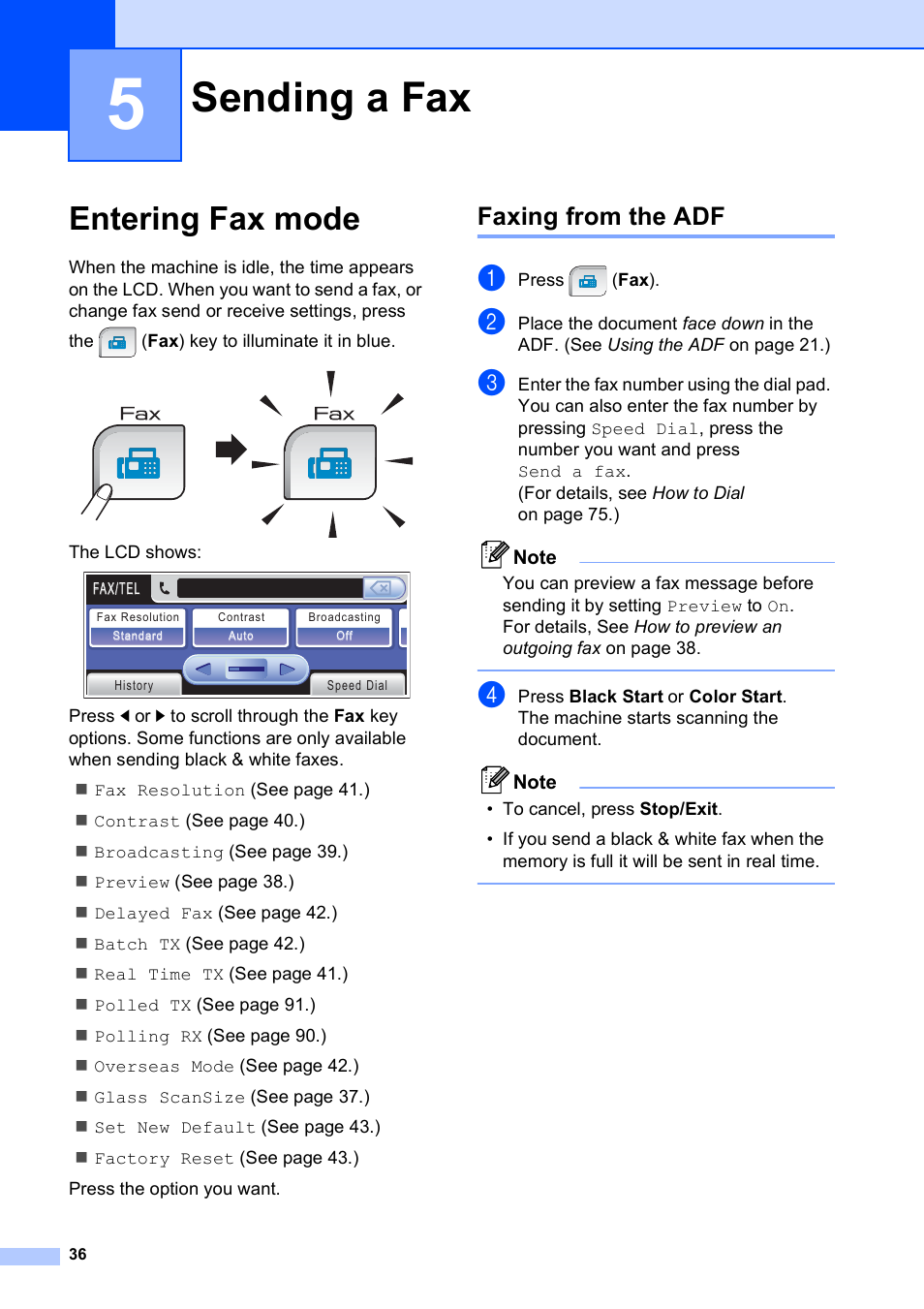 5 sending a fax, Entering fax mode, Faxing from the adf | Sending a fax | Brother MFC-790CW User Manual | Page 52 / 240