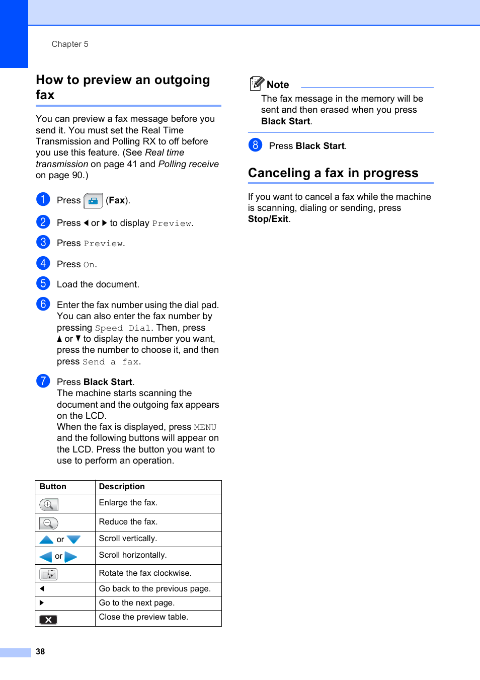 How to preview an outgoing fax, Canceling a fax in progress | Brother MFC-790CW User Manual | Page 54 / 240