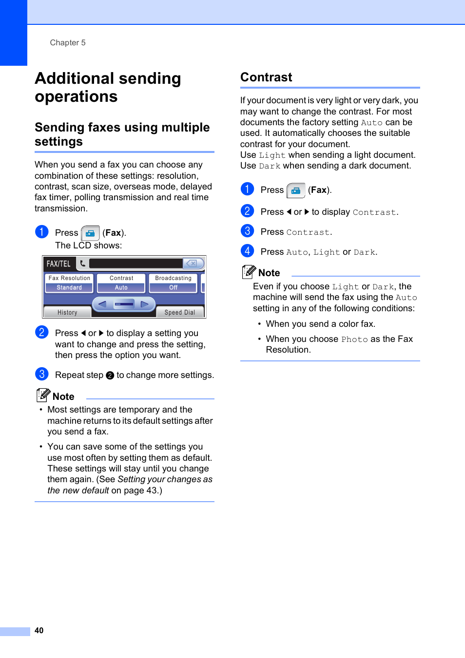 Additional sending operations, Sending faxes using multiple settings, Contrast | Sending faxes using multiple settings contrast | Brother MFC-790CW User Manual | Page 56 / 240