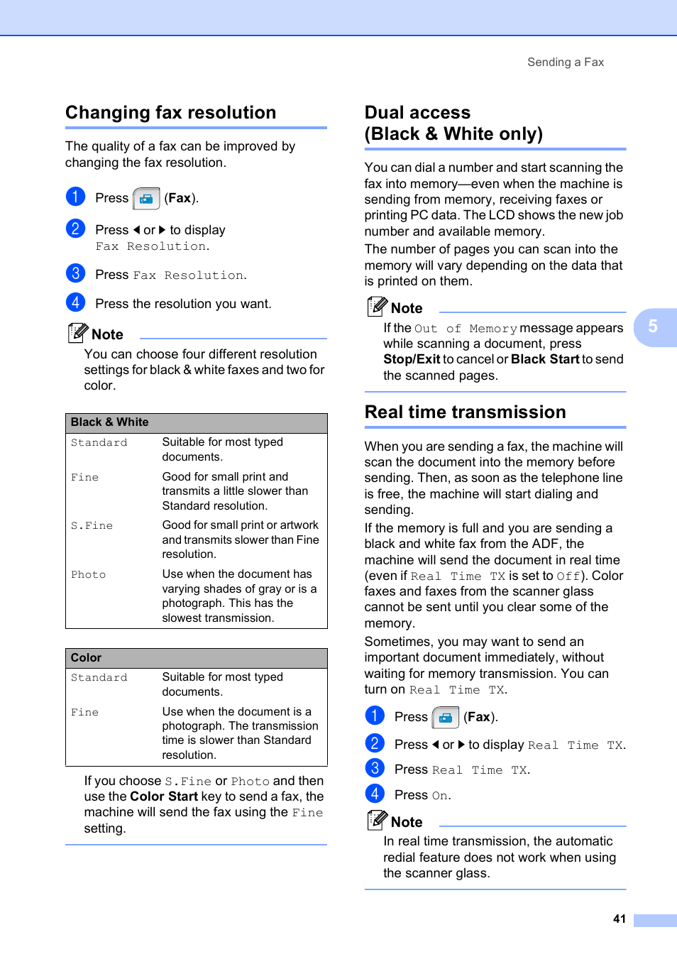 Changing fax resolution, Dual access (black & white only), Real time transmission | 5changing fax resolution | Brother MFC-790CW User Manual | Page 57 / 240