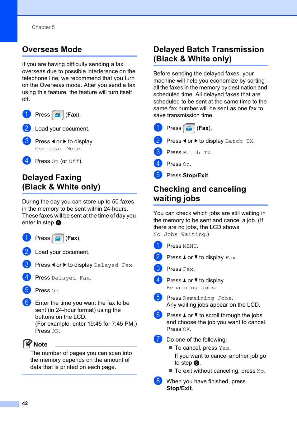 Overseas mode, Delayed faxing (black & white only), Delayed batch transmission (black & white only) | Checking and canceling waiting jobs | Brother MFC-790CW User Manual | Page 58 / 240