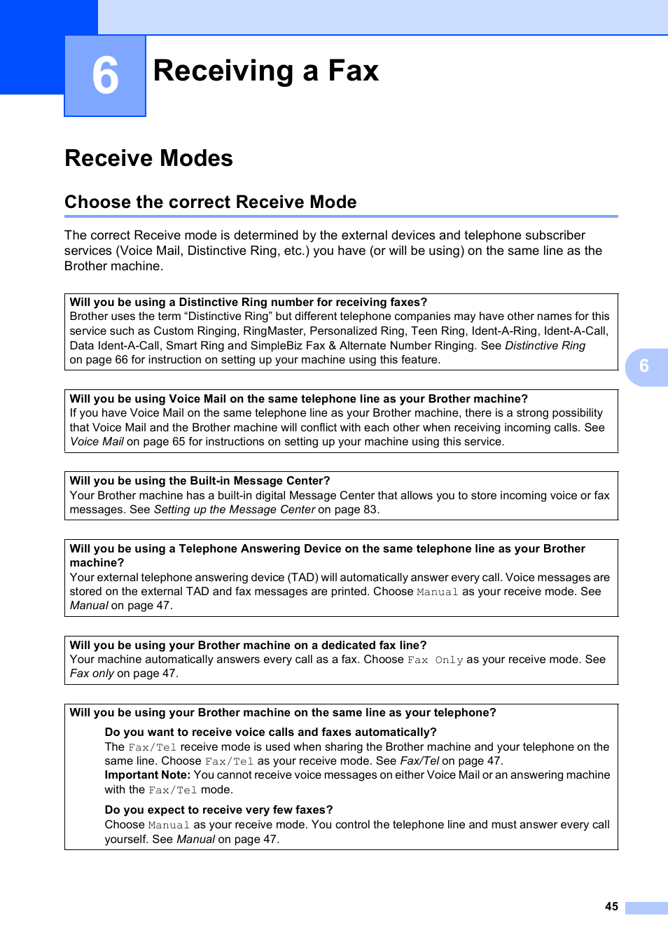 6 receiving a fax, Receive modes, Choose the correct receive mode | Receiving a fax | Brother MFC-790CW User Manual | Page 61 / 240