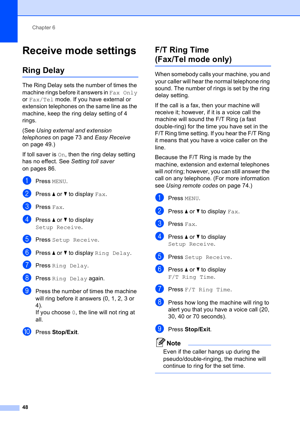 Receive mode settings, Ring delay, F/t ring time (fax/tel mode only) | Ring delay f/t ring time (fax/tel mode only) | Brother MFC-790CW User Manual | Page 64 / 240