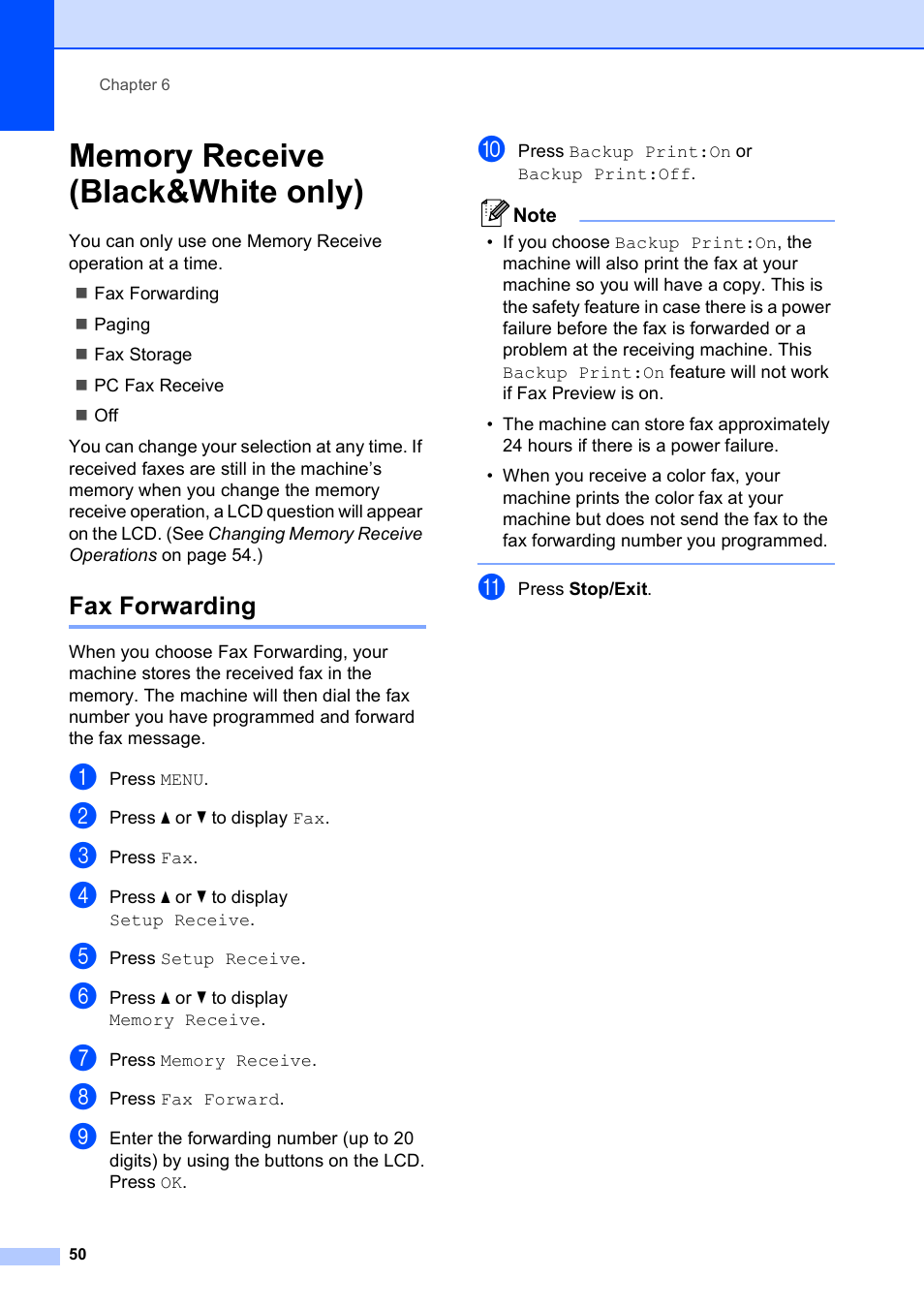 Memory receive (black&white only), Fax forwarding | Brother MFC-790CW User Manual | Page 66 / 240