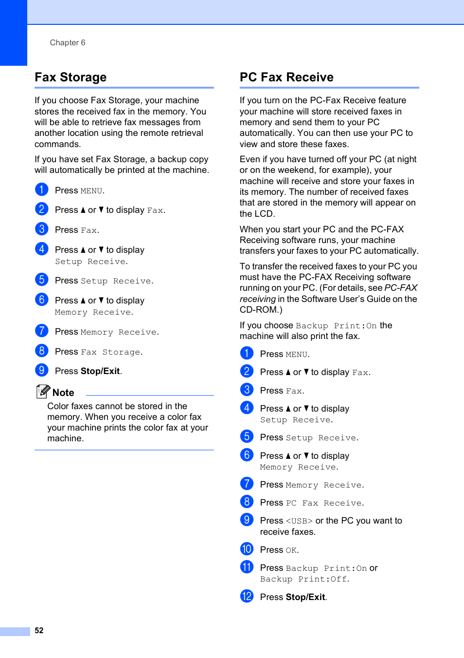 Fax storage, Pc fax receive, Fax storage pc fax receive | Brother MFC-790CW User Manual | Page 68 / 240