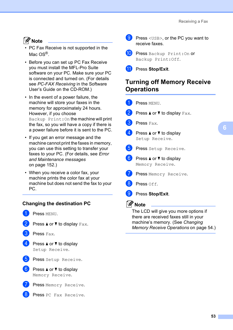 Changing the destination pc, Turning off memory receive operations | Brother MFC-790CW User Manual | Page 69 / 240
