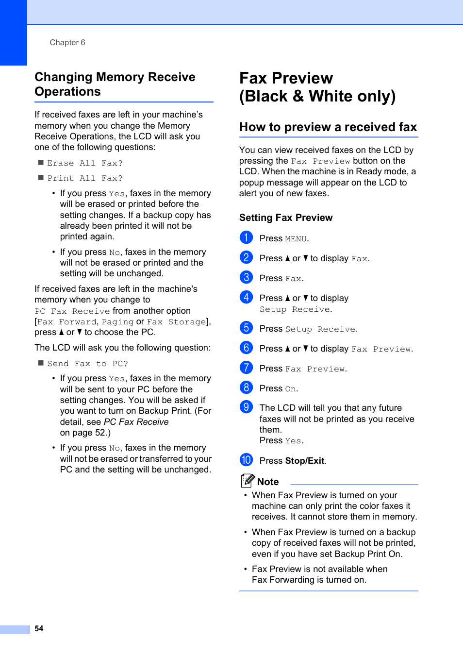 Changing memory receive operations, Fax preview (black & white only), How to preview a received fax | Setting fax preview | Brother MFC-790CW User Manual | Page 70 / 240