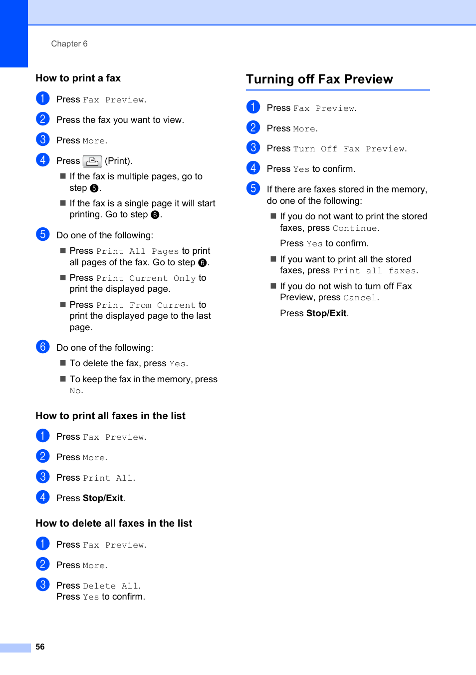 How to print a fax, How to print all faxes in the list, How to delete all faxes in the list | Turning off fax preview | Brother MFC-790CW User Manual | Page 72 / 240