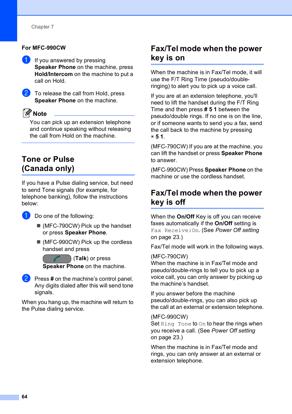 Tone or pulse (canada only), Fax/tel mode when the power key is on, Fax/tel mode when the power key is off | Brother MFC-790CW User Manual | Page 80 / 240
