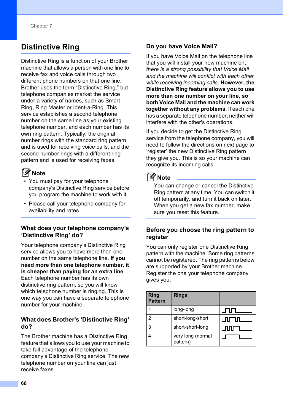Distinctive ring, What does brother's ‘distinctive ring’ do, Do you have voice mail | Before you choose the ring pattern to register | Brother MFC-790CW User Manual | Page 82 / 240