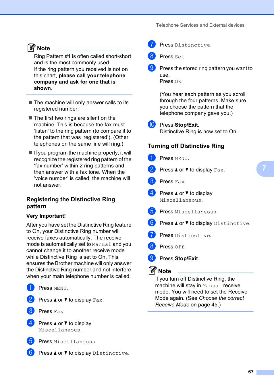 Registering the distinctive ring pattern, Turning off distinctive ring | Brother MFC-790CW User Manual | Page 83 / 240