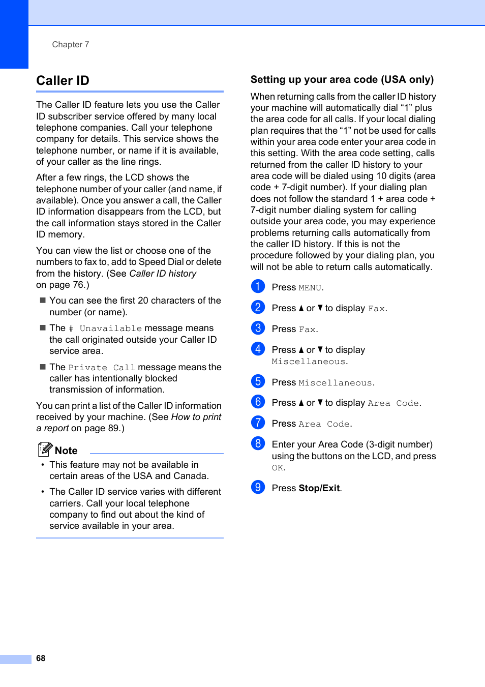 Caller id, Setting up your area code (usa only) | Brother MFC-790CW User Manual | Page 84 / 240