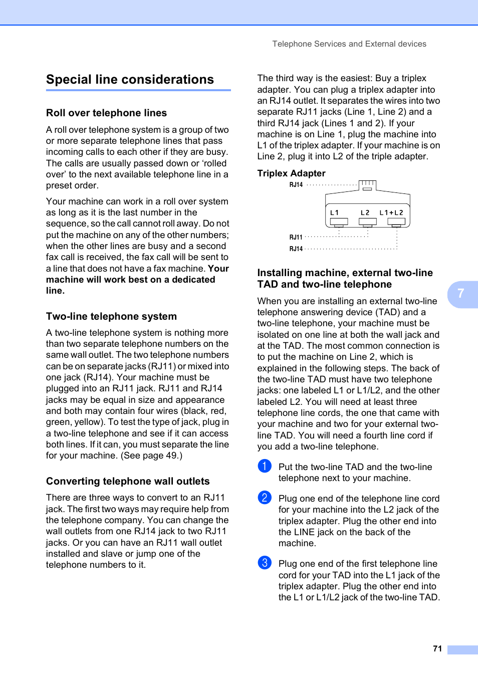 Special line considerations, Roll over telephone lines, Two-line telephone system | Converting telephone wall outlets, 7special line considerations | Brother MFC-790CW User Manual | Page 87 / 240