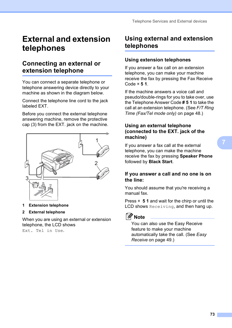 External and extension telephones, Connecting an external or extension telephone, Using external and extension telephones | Using extension telephones, If you answer a call and no one is on the line | Brother MFC-790CW User Manual | Page 89 / 240