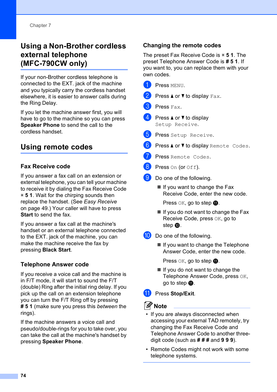 Using remote codes, Fax receive code, Telephone answer code | Changing the remote codes, Using a non-brother cordless external telephone, Mfc-790cw only) | Brother MFC-790CW User Manual | Page 90 / 240