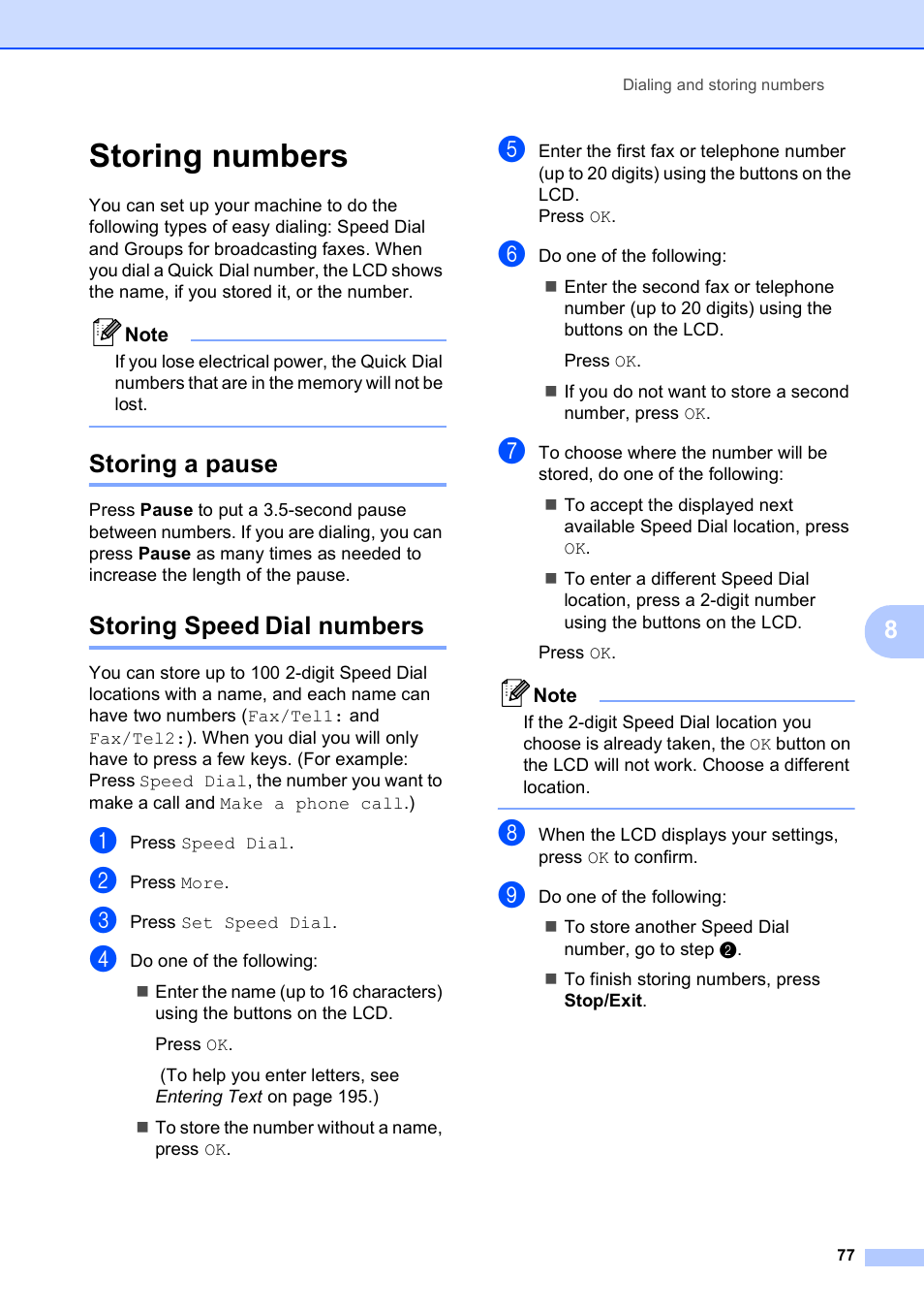 Storing numbers, Storing a pause, Storing speed dial numbers | Storing a pause storing speed dial numbers | Brother MFC-790CW User Manual | Page 93 / 240