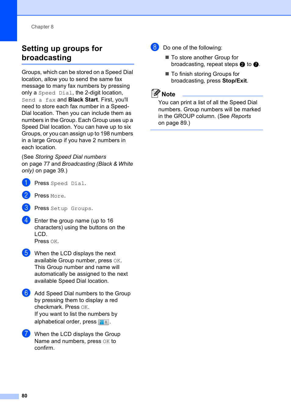 Setting up groups for broadcasting | Brother MFC-790CW User Manual | Page 96 / 240