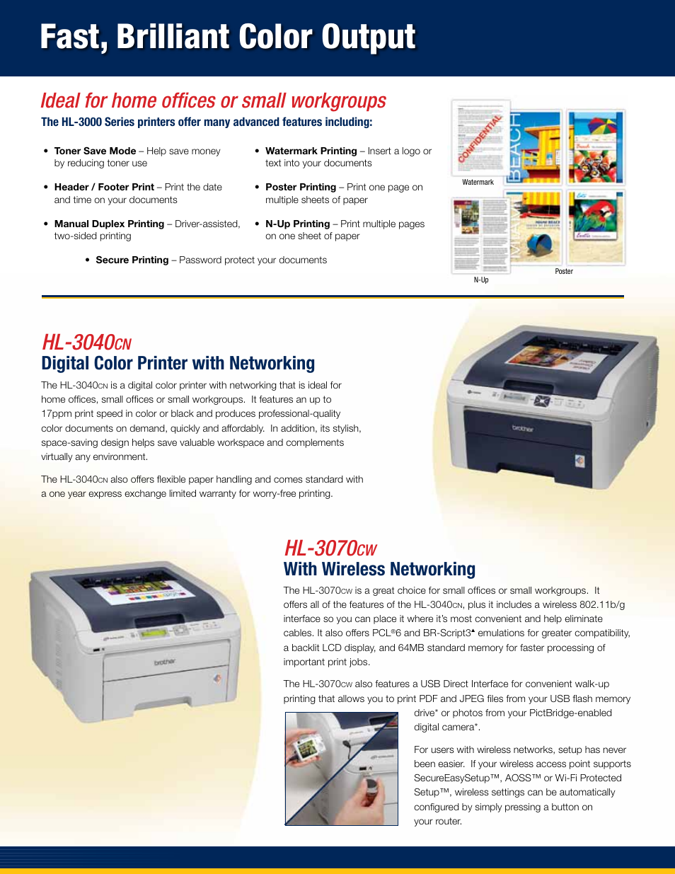 Fast, brilliant color output, Hl-3040, Hl-3070 | Ideal for home offices or small workgroups, Digital color printer with networking, With wireless networking | Brother HL-3000 User Manual | Page 3 / 4