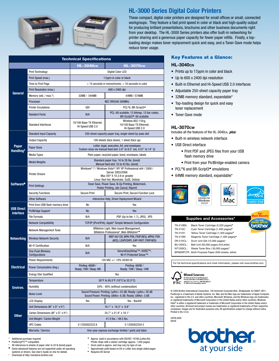 Hl-3000 series digital color printers, Key features at a glance: hl-3040, Hl-3070 | 6 and br-script3 | Brother HL-3000 User Manual | Page 4 / 4