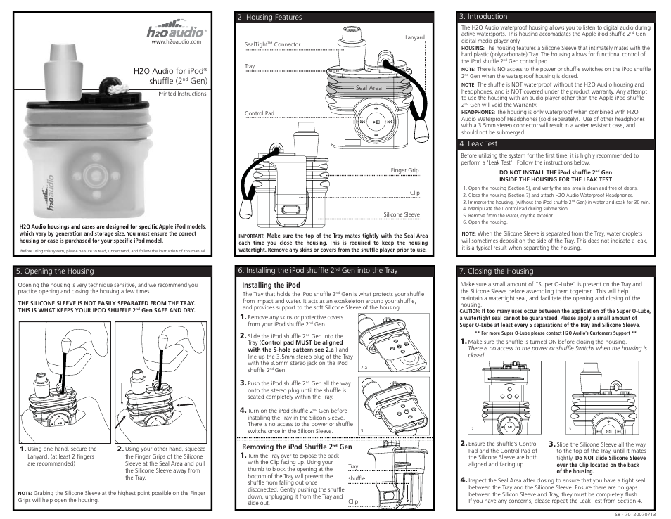 S8 working-front.pdf, H2o audio for ipod, Shuffle (2 | Gen), Closing the housing 4, Installing the ipod shuffle 2, Gen into the tray removing the ipod shuffle 2, Gen 4, Installing the ipod, Opening the housing 1 | X-1 (H2O Audio) S8-1A3 User Manual | Page 4 / 5