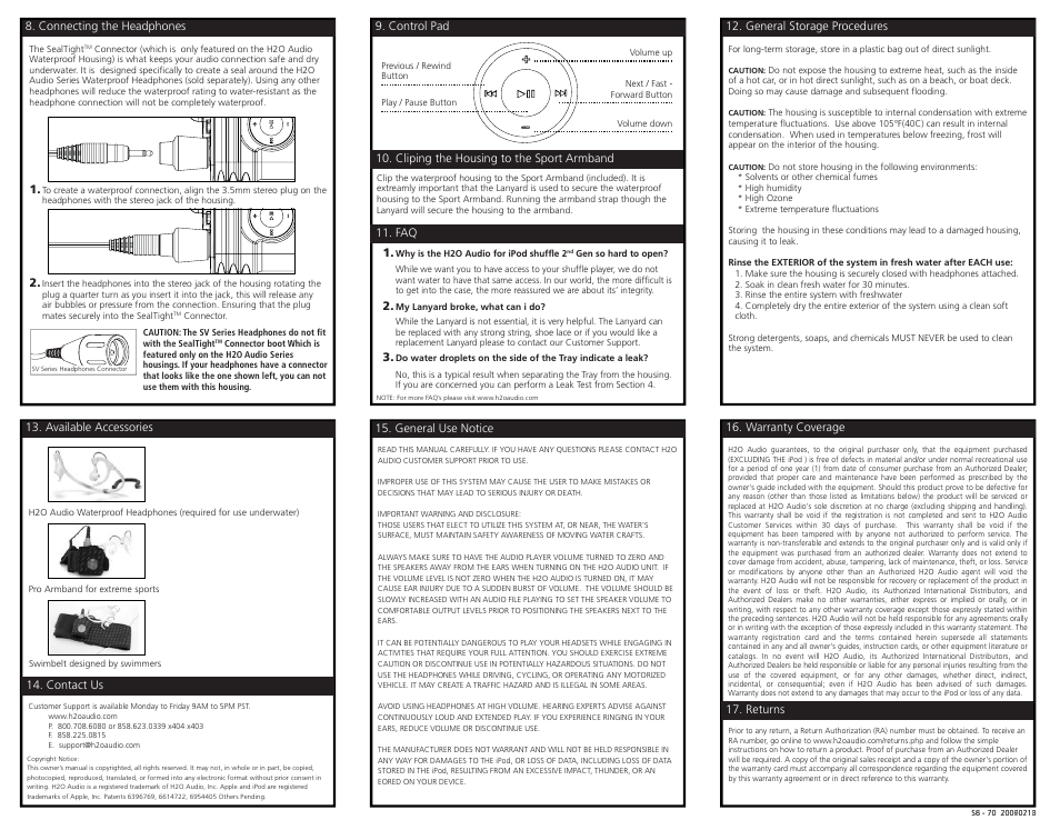 S8 working-back.pdf, Warranty coverage 17. returns, General use notice | Available accessories 14. contact us, General storage procedures, Connecting the headphones | X-1 (H2O Audio) S8-1A3 User Manual | Page 5 / 5