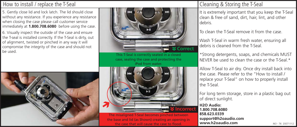 In3-76_back_eg, Cleaning & storing the t-seal, How to install / replace the t-seal | X-1 (H2O Audio) iN3-5A3 User Manual | Page 4 / 7
