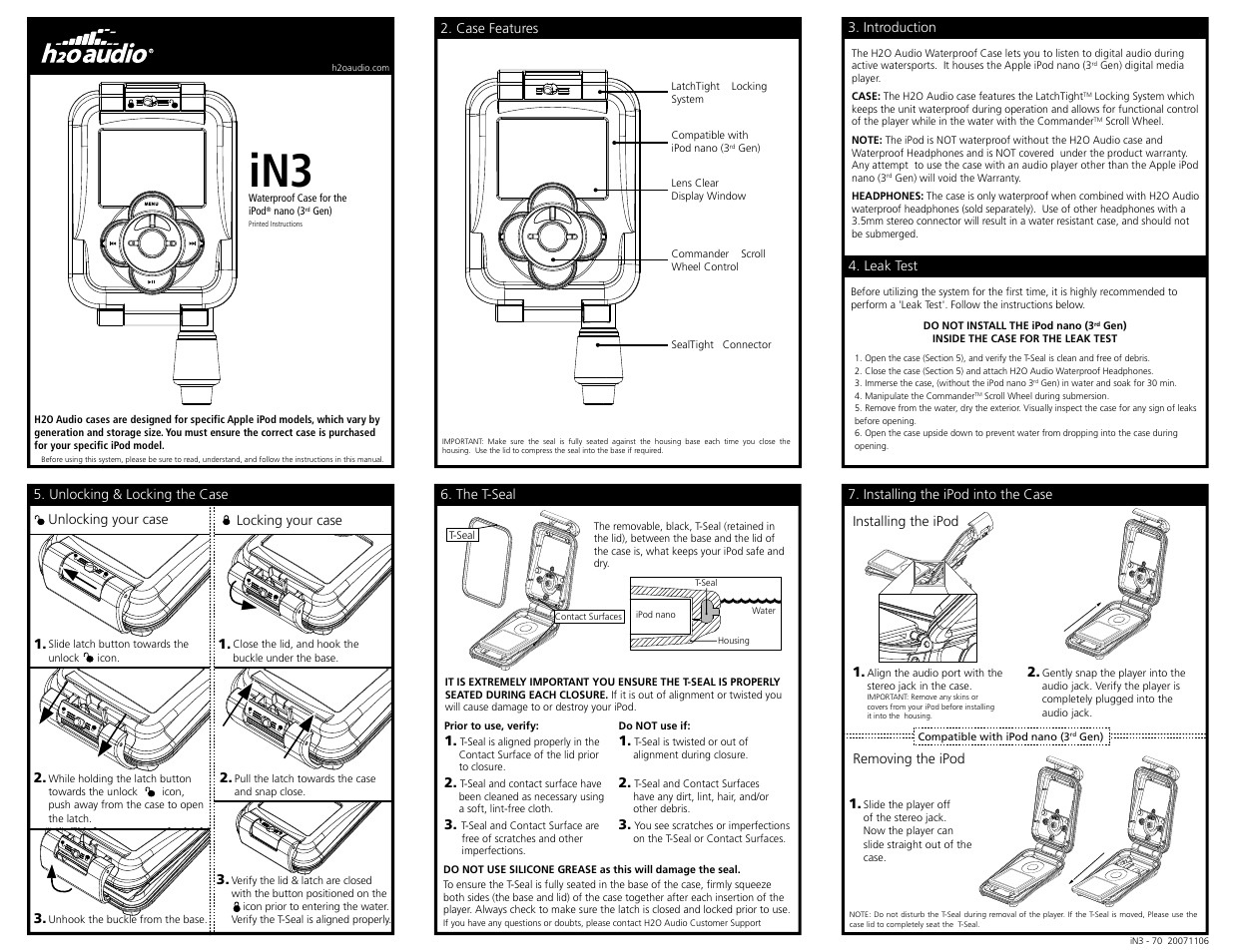 In3-70_front_eg, The t-seal, Unlocking & locking the case 3 | Case features | X-1 (H2O Audio) iN3-5A3 User Manual | Page 6 / 7