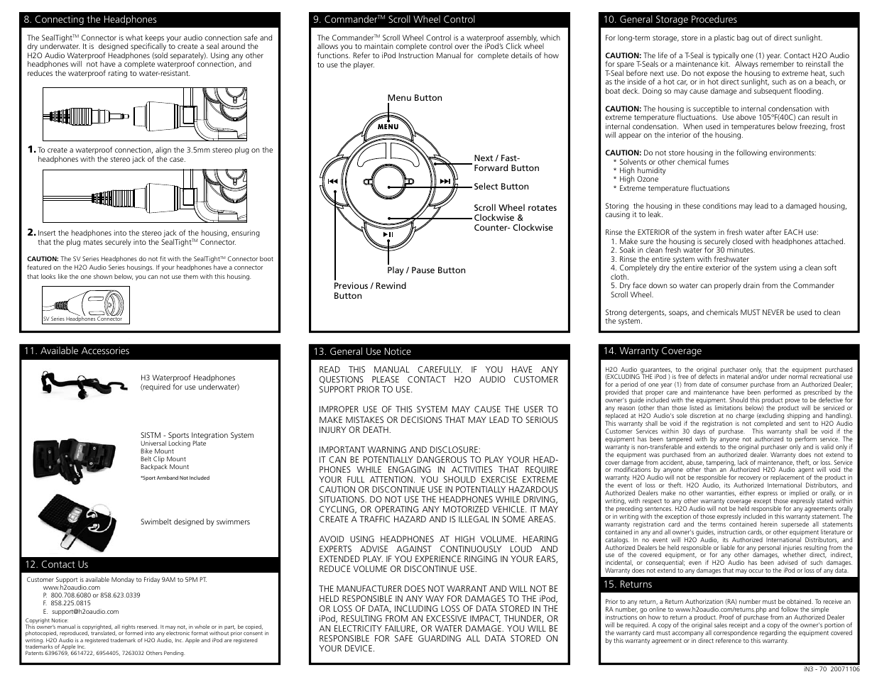 In3-70_back_eg, Warranty coverage 15. returns, General use notice | Available accessories 12. contact us, General storage procedures 9. commander, Scroll wheel control, Connecting the headphones | X-1 (H2O Audio) iN3-5A3 User Manual | Page 7 / 7