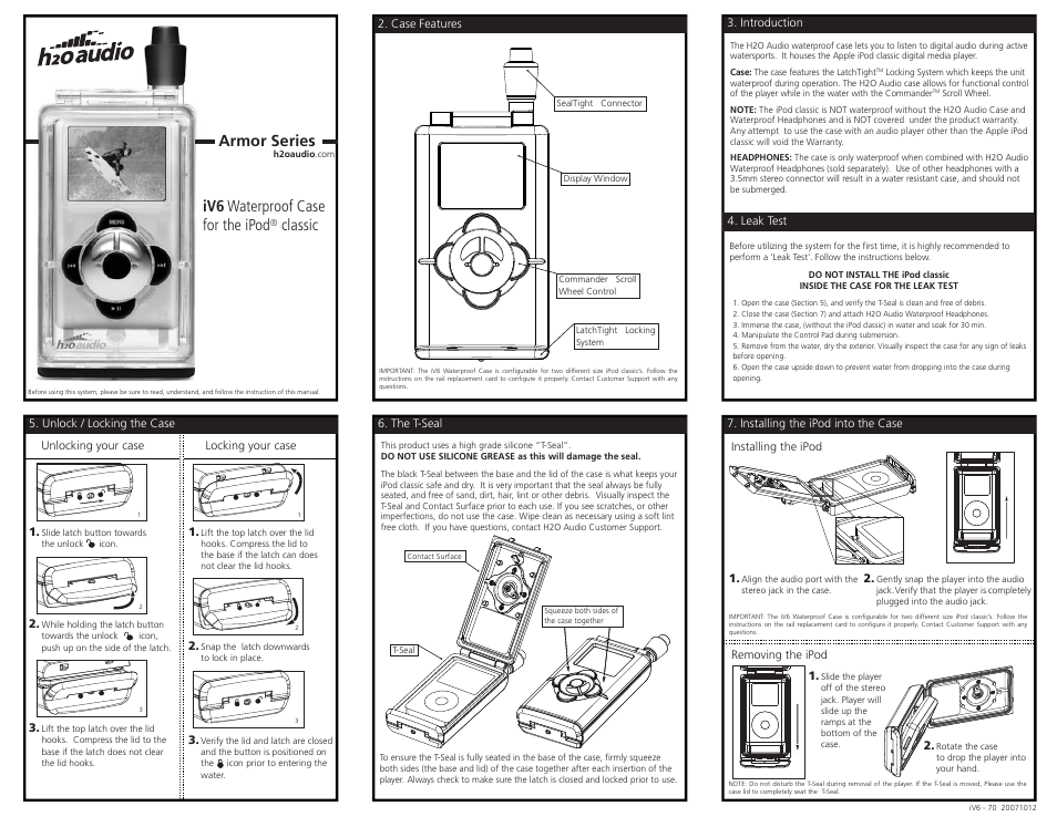 Iv6-1a3_ front, Armor series, Iv6 waterproof case for the ipod | Classic, The t-seal, Introduction 4. leak test, Case features | X-1 (H2O Audio) iV6-1A3 User Manual | Page 5 / 6
