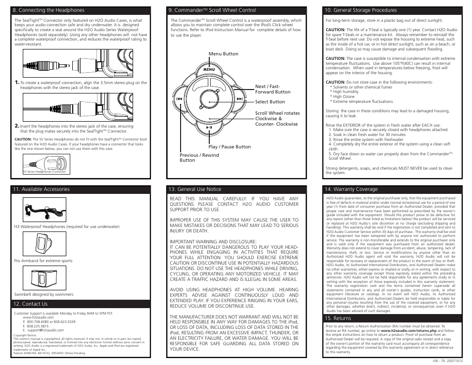 Iv6-1a3_ back, Warranty coverage 15. returns, General use notice | Available accessories 12. contact us, General storage procedures 9. commander, Scroll wheel control, Connecting the headphones | X-1 (H2O Audio) iV6-1A3 User Manual | Page 6 / 6