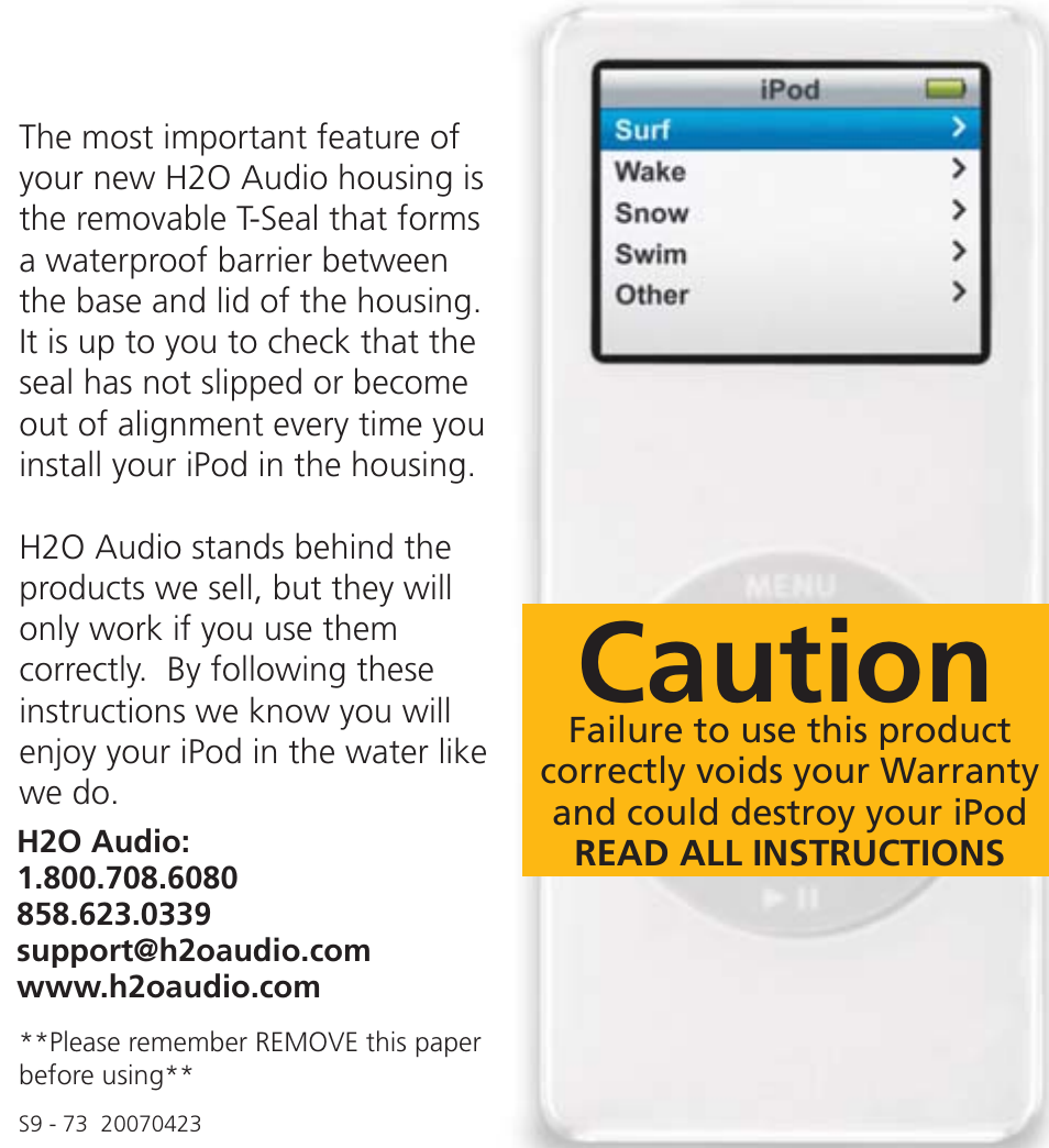 S9-73-working1gfront.pdf, Caution | X-1 (H2O Audio) S6-1A3 User Manual | Page 2 / 7