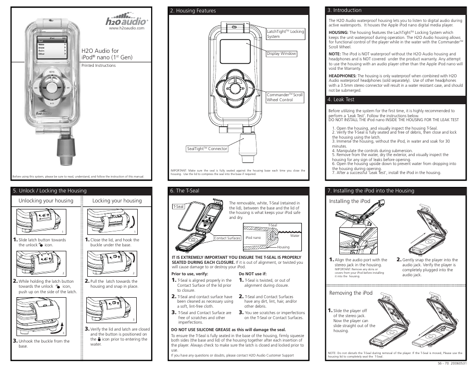 H2o_nano_s6-1a3_working.pdf, H2o audio for ipod, Nano (1 | Gen), The t-seal, Introduction 4. leak test, Housing features | X-1 (H2O Audio) S6-1A3 User Manual | Page 6 / 7