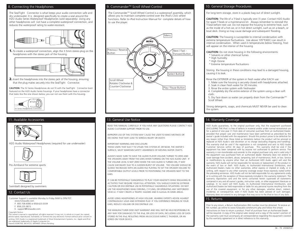 H2o_nano_s6-1a3_back.pdf, Warranty coverage 15. returns, General use notice | Available accessories 12. contact us, General storage procedures 9. commander, Scroll wheel control, Connecting the headphones | X-1 (H2O Audio) S6-1A3 User Manual | Page 7 / 7