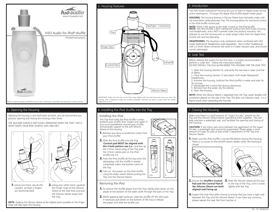 H2o_shuffle_s7-1a3 front.pdf, H2o audio for ipod shuffle, Installing the ipod | Opening the housing 1, Introduction 4. leak test, Housing features, Seal area | X-1 (H2O Audio) S7-1A3 User Manual | Page 4 / 5