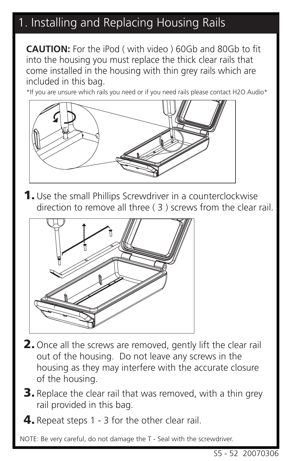 S5-52_working.pdf, Installing and replacing housing rails 4 | X-1 (H2O Audio) S5-1A3 User Manual | Page 4 / 6