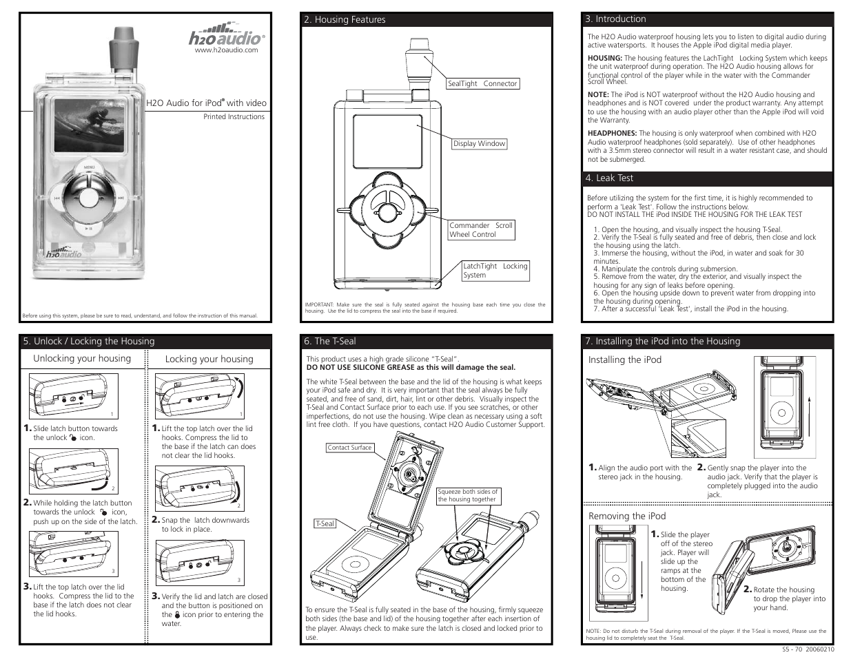 S5-1a3 front.pdf, The t-seal, Introduction 4. leak test | Housing features, H2o audio for ipod with video | X-1 (H2O Audio) S5-1A3 User Manual | Page 5 / 6