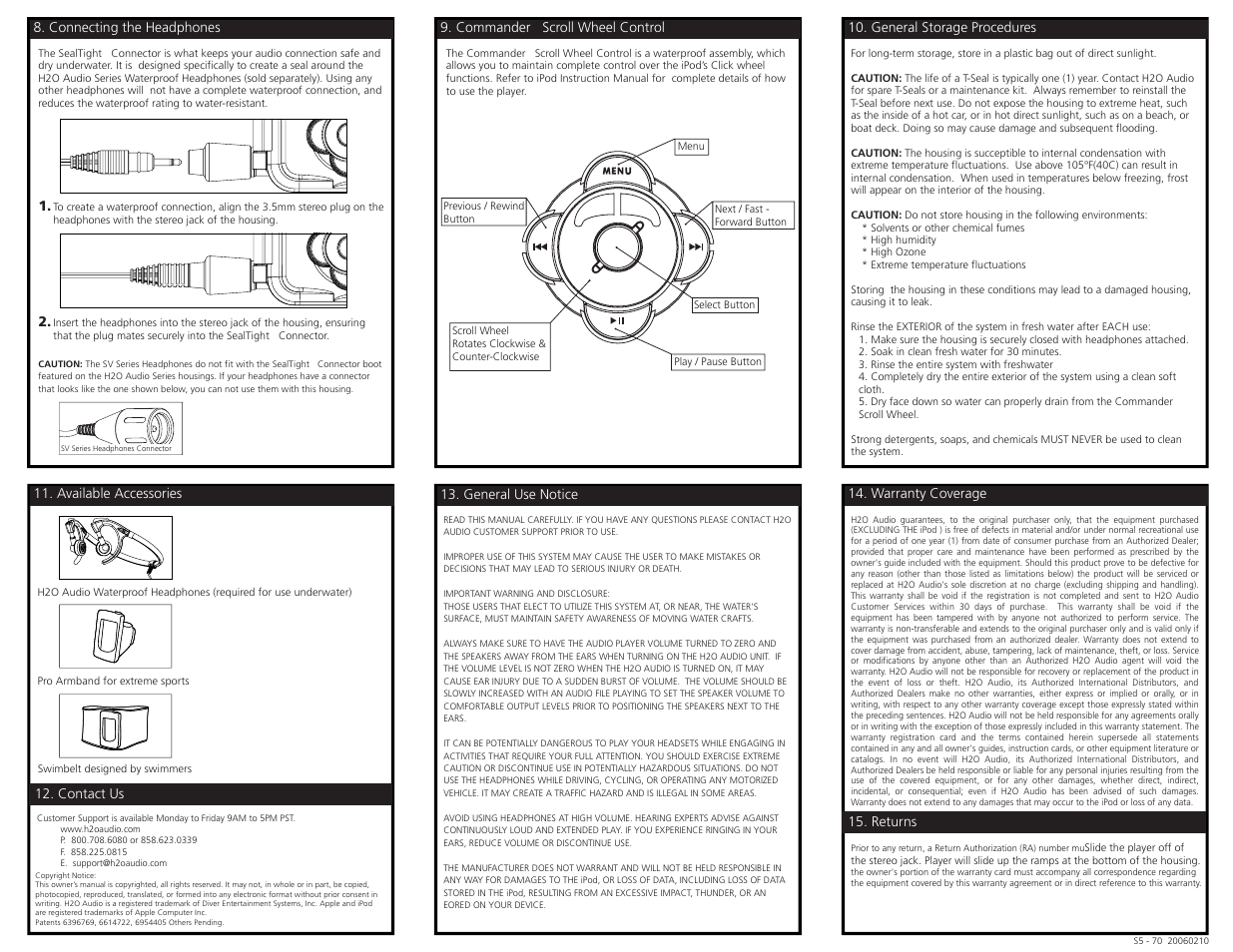 S5-1a3 back.pdf, Warranty coverage 15. returns, General use notice | Available accessories 12. contact us, Connecting the headphones | X-1 (H2O Audio) S5-1A3 User Manual | Page 6 / 6