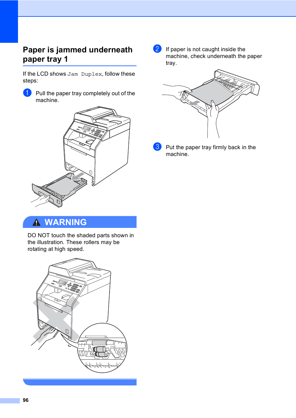Paper is jammed underneath paper tray 1, Warning | Brother DCP-9055CDN User Manual | Page 104 / 146