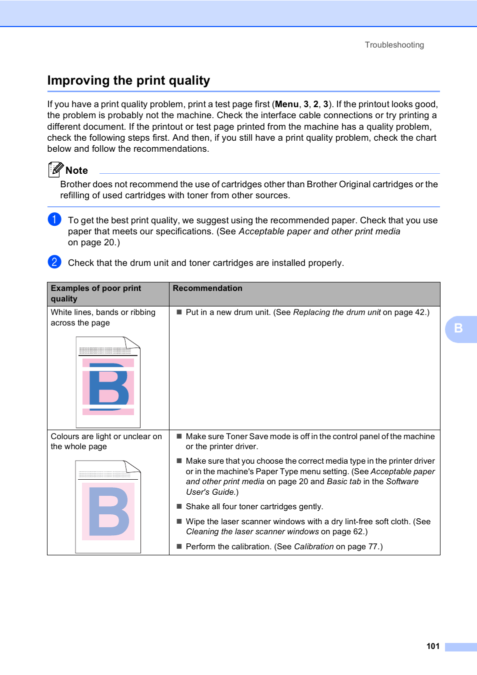 Improving the print quality, Bimproving the print quality | Brother DCP-9055CDN User Manual | Page 109 / 146