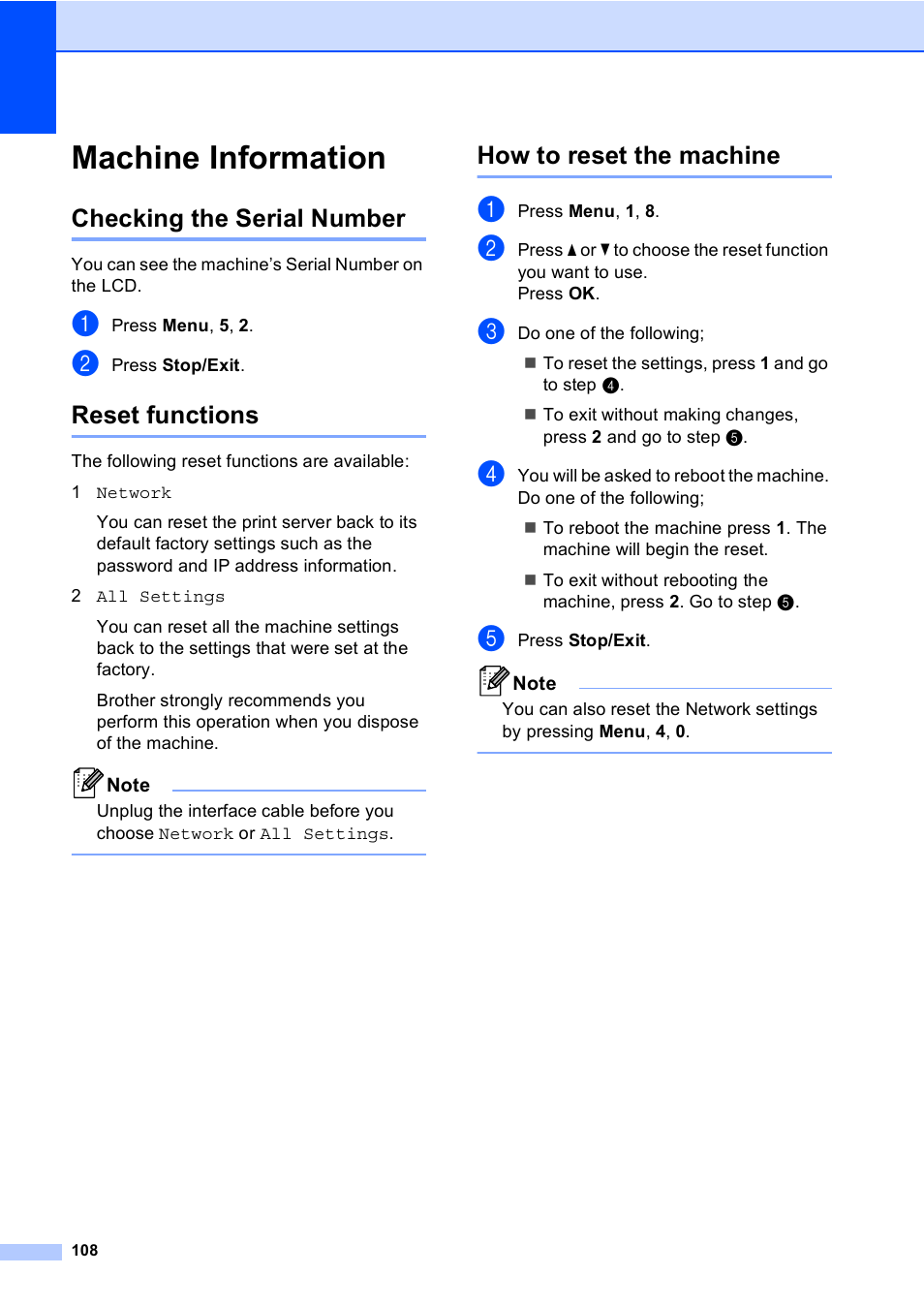 Machine information, Checking the serial number, Reset functions | How to reset the machine | Brother DCP-9055CDN User Manual | Page 116 / 146