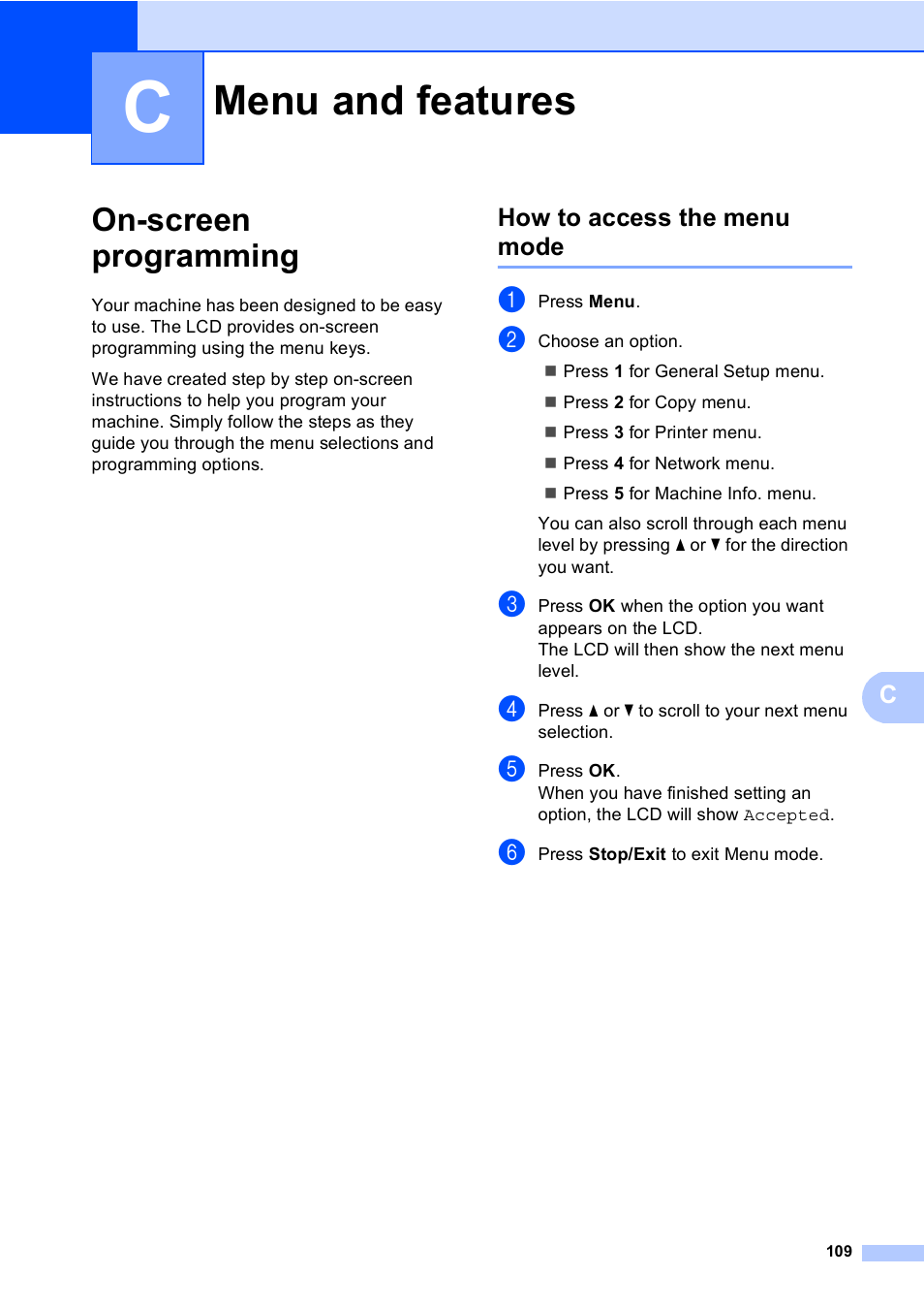 C menu and features, On-screen programming, How to access the menu mode | Menu and features | Brother DCP-9055CDN User Manual | Page 117 / 146