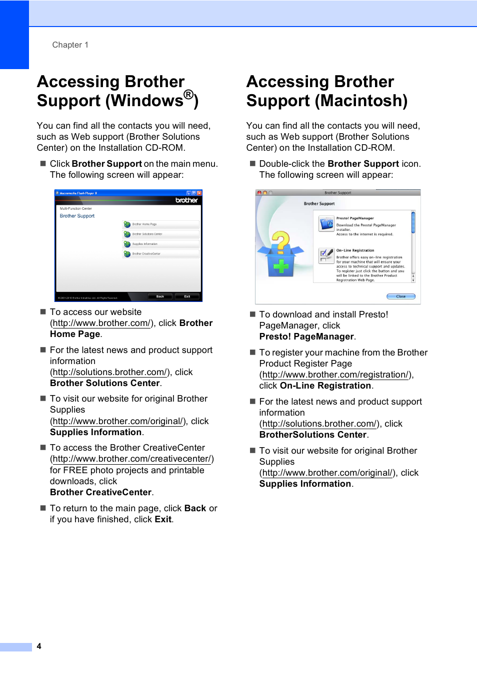 Accessing brother support (windows®), Accessing brother support (macintosh), Accessing brother support (windows | Brother DCP-9055CDN User Manual | Page 12 / 146